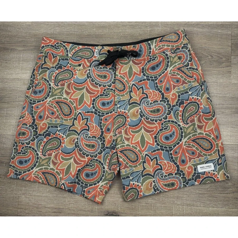 Banks Journal Paisley Board Shorts Mens 34 Muted Orange Blue Green Swim Trunks